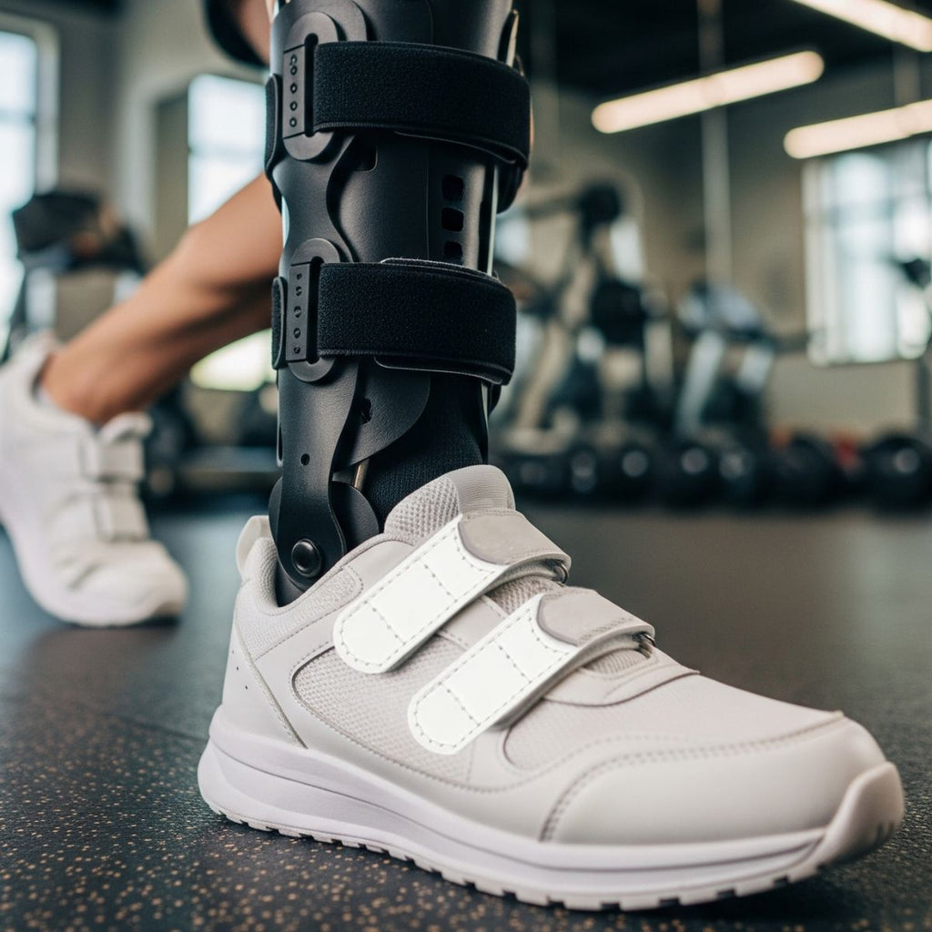 AFO in Velcro shoe with strap extenders