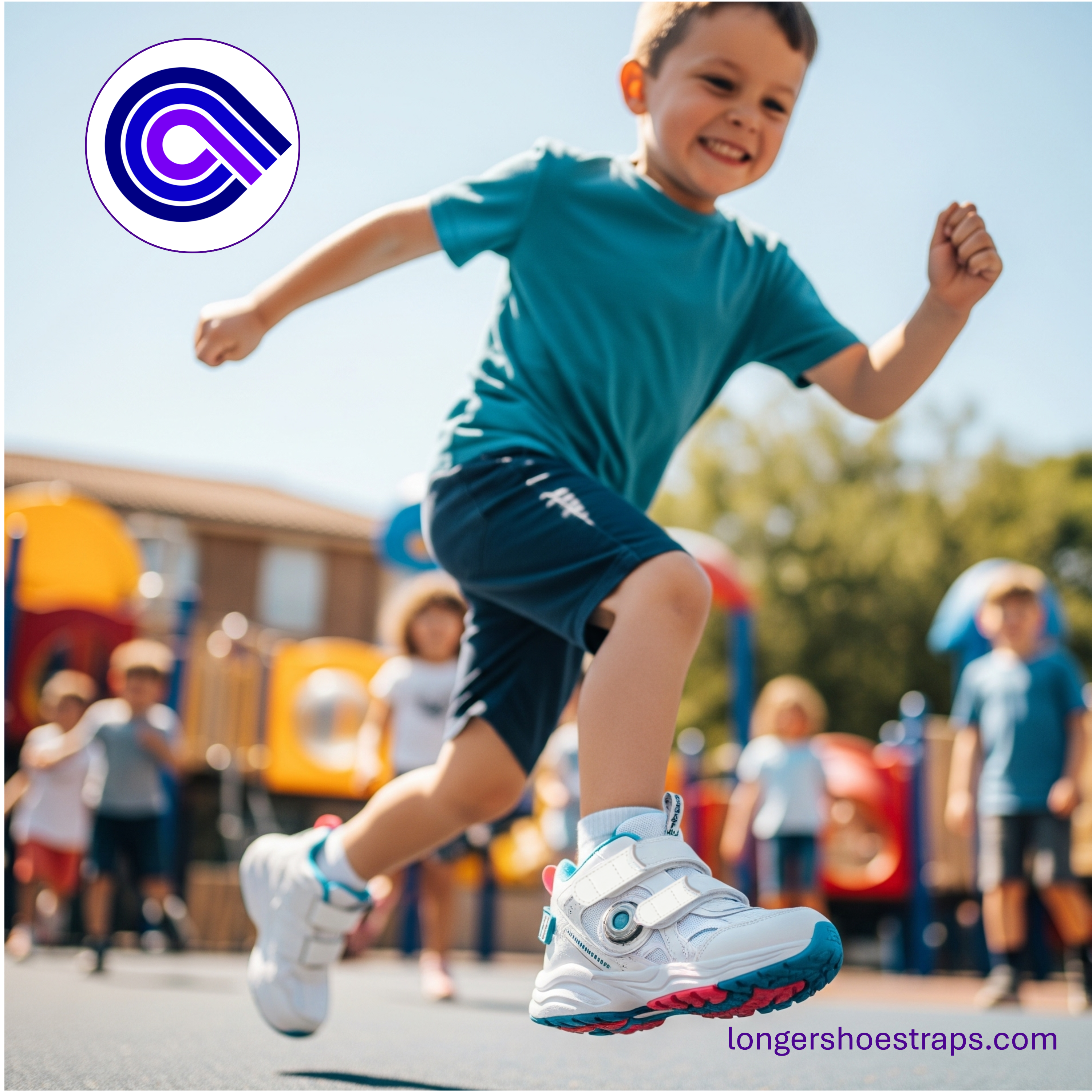 Child running in shoes with hook and loop strap extenders for AFO and wide feet
