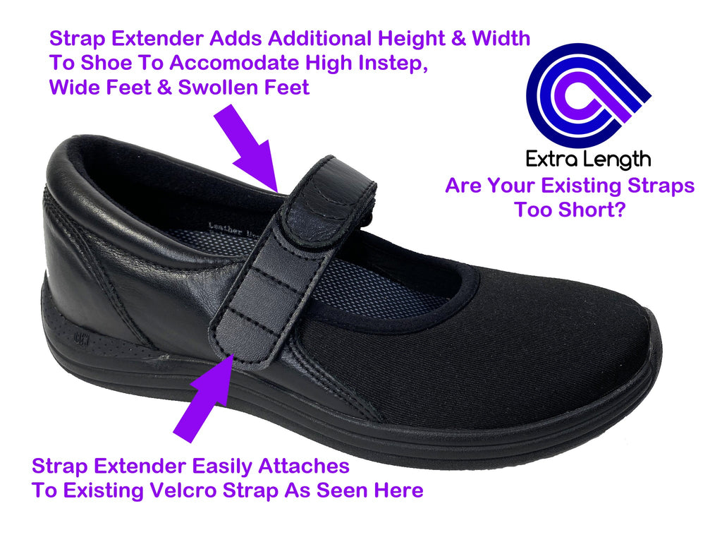 Shoe strap extender for swollen wide feet edema — adds length to Velcro hook and loop closure