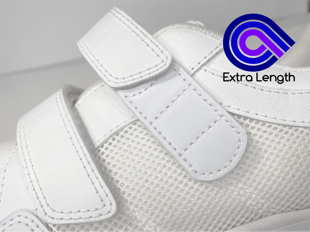 Shoe strap extender on AFO Velcro shoe adding length for wide orthotics